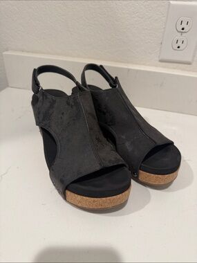 Women's Black Cork Wedge Sandals - Open Toe Slingback